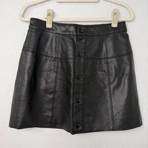 Free People Black Vegan Leather Button Front Mini Skirt High Waisted A-Line